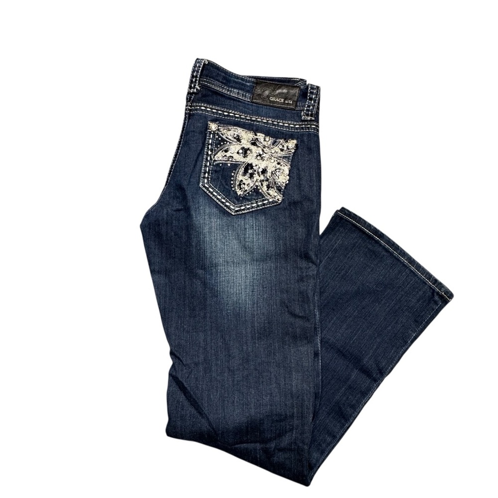 Grace In LA Jeans Y2K Low Rise Bootcut Womens 28‎ Blue Bling Embellished Casual